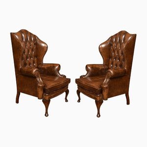 Upholstered Leather Wingback Armchairs, 1890s, Set of 2