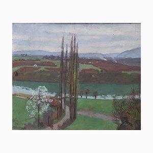 Jules Ami Courvoisier, Paysage de printemps campagne et Jura, 1914, Olio su cartone, Incorniciato