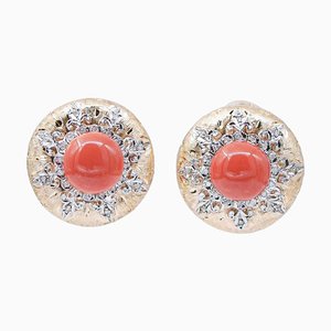 Orecchini in argento e oro rosa con corallo e diamanti, anni '50, set di 2