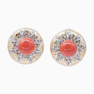 Silver and Rose Gold Earrings with Coral and Diamonds, 1950s, Set of 2