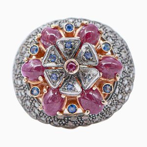 14 Karat Rose Gold and Silver Ring with Rubies, Sapphires and Diamonds, 1960s