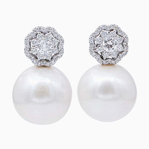 Boucles d'Oreilles en Or Blanc 18 Carats avec Perles des Mers du Sud et Diamants, Set de 2