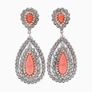Rose Gold and Silver Earrings with Coral and Diamonds, 1950s, Set of 2