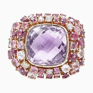 14 Karat Roségold Ring mit Amethyst, Turmalin und Diamanten, 1960er