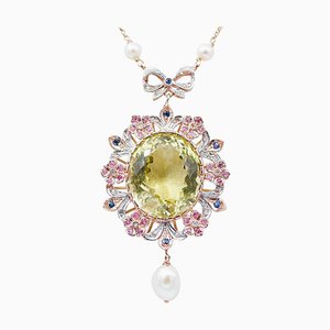 Collana in oro rosa 14 carati e argento con topazio, zaffiri, rubini, onice, perle e diamanti, anni '70