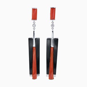 Boucles d'Oreilles en Platine avec Corail, Diamants et Onyx, 1950s, Set de 2