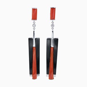 Platinum Dangle Earrings with Coral, Diamonds and Onyx, 1950s, Set of 2