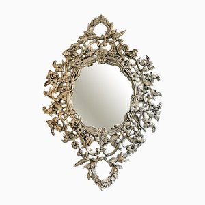 Specchio Art Nouveau con cornice floreale in argento dorato