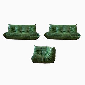 Dubai Green Leather Togo Corner Chair, 2- and 3-Seat Sofa by Michel Ducaroy for Ligne Roset, Set of 3