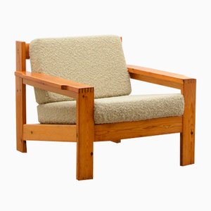 Pine and Bouclé Lounge Chair, 1970s