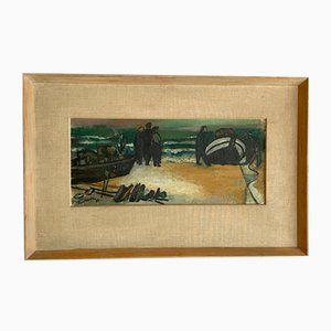 Coast with Fishermen, 1960, Acrylic Painting, Framed