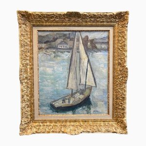 William Meteon, Barque sur le lac Léman, Genève, anni '20, olio su tela, con cornice