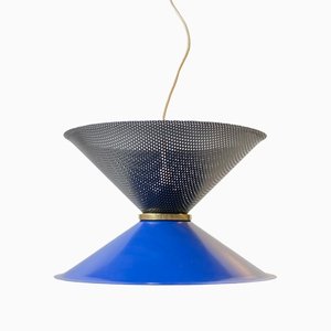 Vintage Italian Blue Diablo Pendant Ceiling Lamp with Brass Disc, 1970s