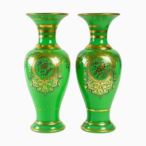 19th Century Green Opaline Vases, Set of 2