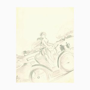 Henri Thiriet, Driving Roman Lady, Dessin Original au Crayon, Milieu du 20ème Siècle