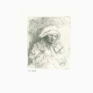 After Rembrandt, donna malata con un grande copricapo bianco, acquaforte, XIX secolo
