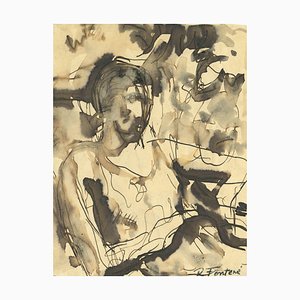 Robert Fontene, The Seated Woman, Original Ink & Watercolor Drawing, Mid-20th Century