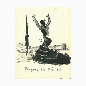 Salvador Vasquez del Rio, tanzende Frau, Original Tusche & Aquarell Zeichnung, 1962