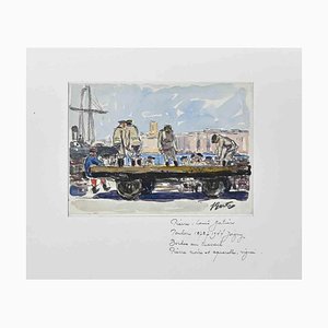 Pierre Gatier, Boucher au Travail, Original Charcoal & Watercolor, Mid 20th Century