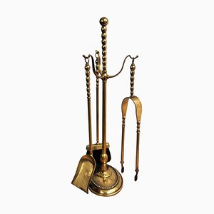 Italian Brass Fireplace Tool Set with Stand, 1980s, Set of 4