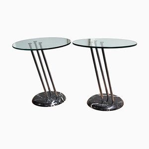 Italian Black Marble & Metal Side Tables or Nightstands with Glass Tops, 1990s, Set of 2