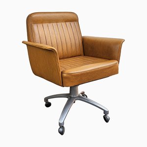 Italian Brown Leather & Metal Open Arm Swivel Desk Chair, 1970s