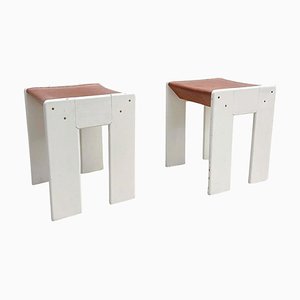 Set of Mid-Century White Wood and Cognac Leather Modern Stools, Italy, 1960s