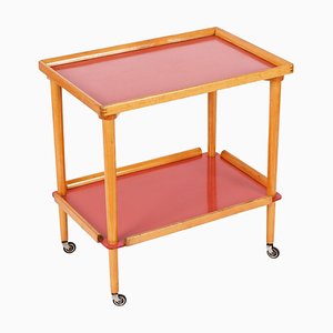 Mid-Century Italian Beech and Red Formica Two Tier Bar Cart, 1960s