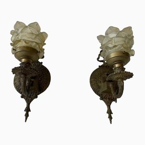 French Flower-Shaped Smoke Glass & Brass Sconces, 1940s, France, Set of 2