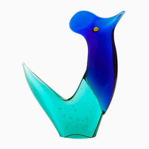 Green and Blue Rooster from Zelezny Brod glassworks, 1970s