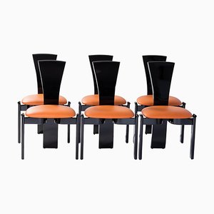 Mid-Century French Dining Chairs in Black Lacquer & Hermès Colored Leather by Jean Michel Wilmotte, 1977, Set of 6