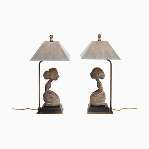 Mid-Century Asian Figural Bronze Table Lamps in Brown-Grey, Bali, 1955, Set of 2