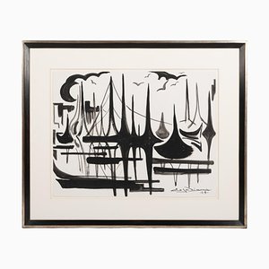 Joseph Espalioux, Boats, 1974, Gouache, Framed