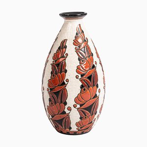 Grand Vase Art Déco en Céramique Orange, Rouge, Noir et Beige attribué à Boch Frères Belgium, 1938