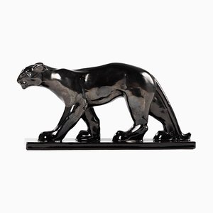 French Art Deco Black Cubist Ceramic Panther Sculpture, 1930s