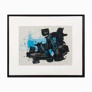 R. Santamaria, Turquoise-Black Abstract Composition, 1964, Acrylic on Paper, Framed