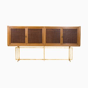 Mid-Century Italian Sideboard in Oak with Gilt Metal Base & Leather Front Doors, 1960s