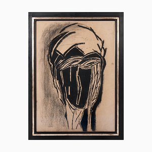 Michel Batlle, Figure in Black & Beige, 1987, Charcoal Drawing, Framed
