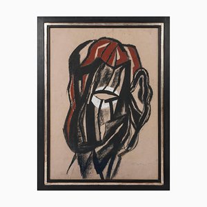 Michel Batlle, Figure in Black, Beige, Red and White, 1987, Charcoal Drawing, Framed
