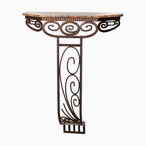 French Art Deco Wrought Iron Console Table with Brown-Grey Marble Top, 1930s