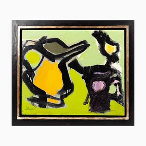 Serge Labégorre, Abstract Still Life in Green, Orange & Black, 1978, Acrylic Painting, Framed
