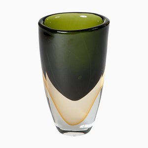 Handgefertigte Sommerso Murano Glas Vase in Dunkelgrün & Gelb, zugeschrieben Romano Donà, 2005