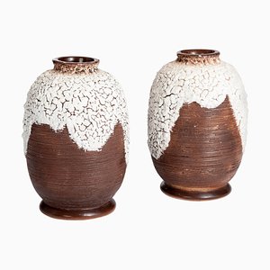 French Art Deco Ceramic Vases in Brown & Off White by Louis Auguste Dage, 1925, Set of 2