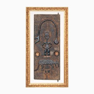 Malian or Dogon Artist, Carved Figurative Door Panel, 1950, Wooden Wall Sculpture, Framed