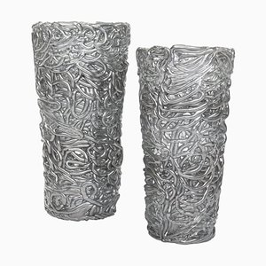 Mid-Century Silver-Colored Murano Glass Vases with Vein Pattern, 1975, Set of 2