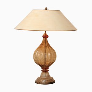 Mid-Century Murano Glass Table Lamp in Gold-Orange with Hand Patinated Shade, 1975