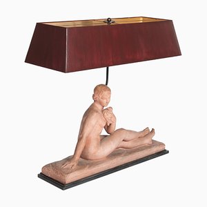 French Art Nouveau Figural Table Lamp in Terracotta with Red Shade, 1890s