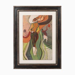 Francois Villon, Expressionist Composition in Green & Amber, 1965, Gouache on Paper, Framed