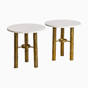 Mid-Century French Side Tables with Brass Bamboo Design & White Marble Top, 1975, Set of 2