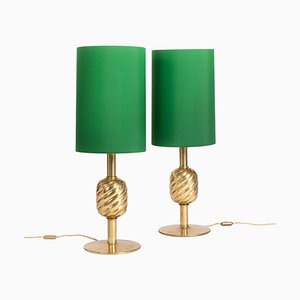 Mid-Century Italian Brass Pineapple Table Lamps with Green Silk Shades, 1975, Set of 2